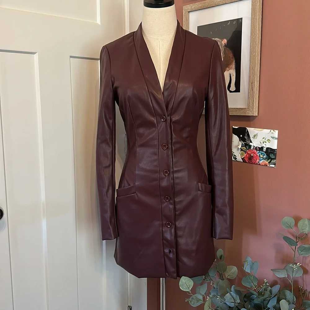 Superdown Nia faux leather Merlot mini buttons long sleeve blazer style S dress